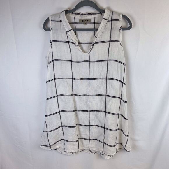 FLAX 100% Linen White Tunic Tank Top Key Hole Button Front Plaid Size Small - Picture 1 of 9